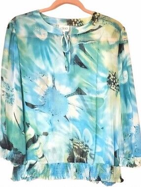 Cleo Sheer Boho Floral Blouse Round Neck Keyhole Tie Lightweight Flowy Aqua EUC